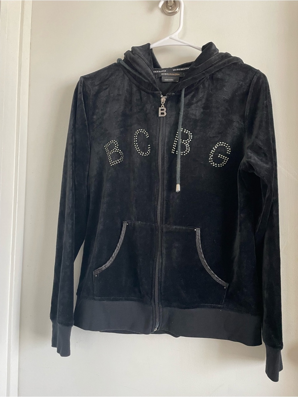 BCBG Black Velour Hooded Zip Jacket with Stud Logo